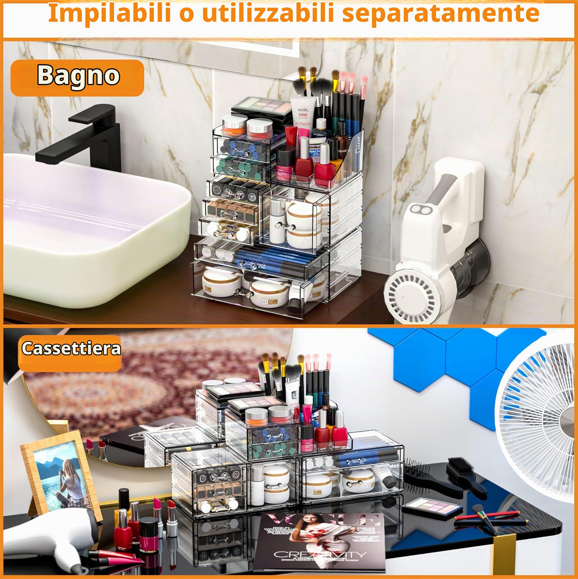 Organizer per trucchi impilabile trasparente per cosmetici, scatola impilabile con 8 cassetti, organizer per trucchi a 3 strati per toeletta, bagno, dormitorio universitario, armadio, scrivania