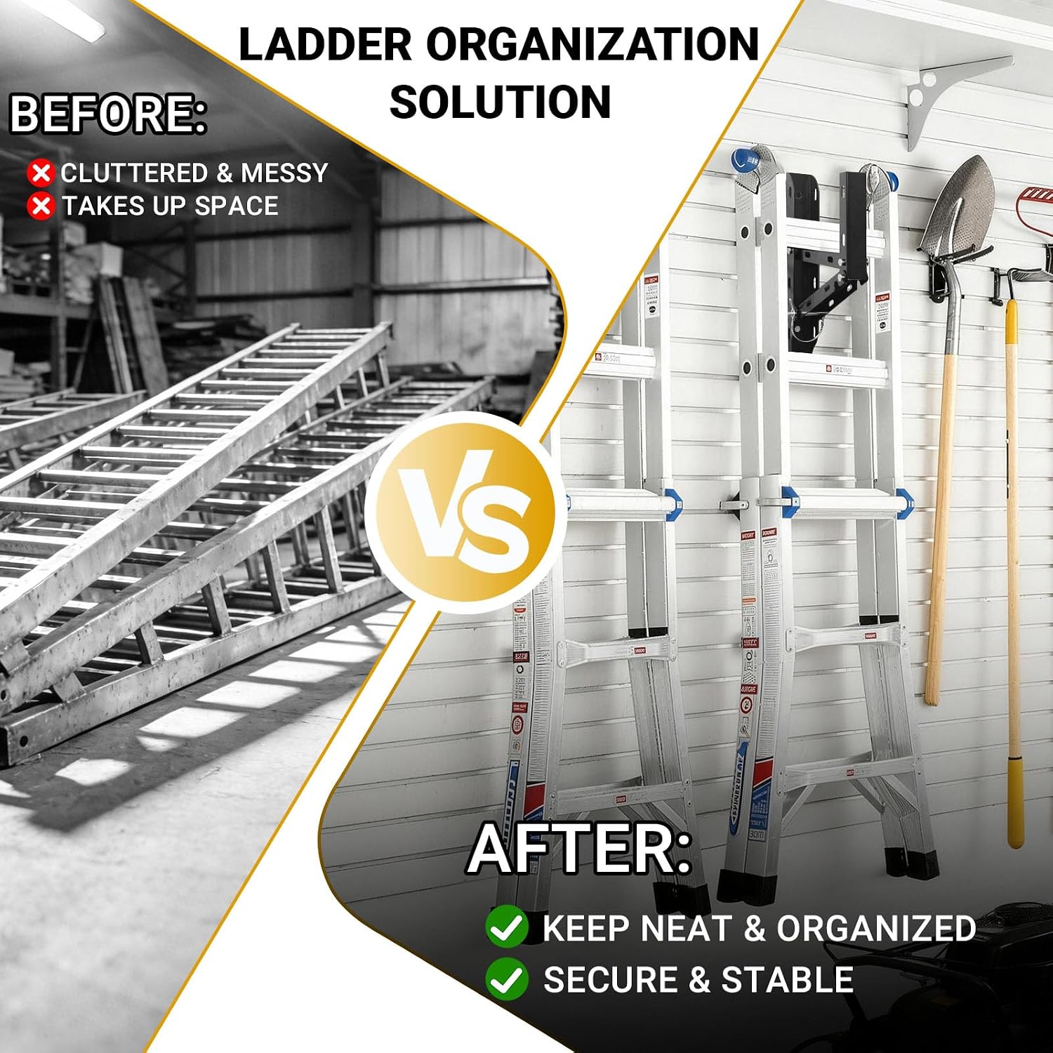 Foldable Trailer Ladder Rack, 2-PCS Heavy Duty Steel Side Mount Ladder Carrier for Enclosed and Open Trailers, 300LBS Capacity Space-Saving Storage Rack for Vans, Trucks and Garage Walls