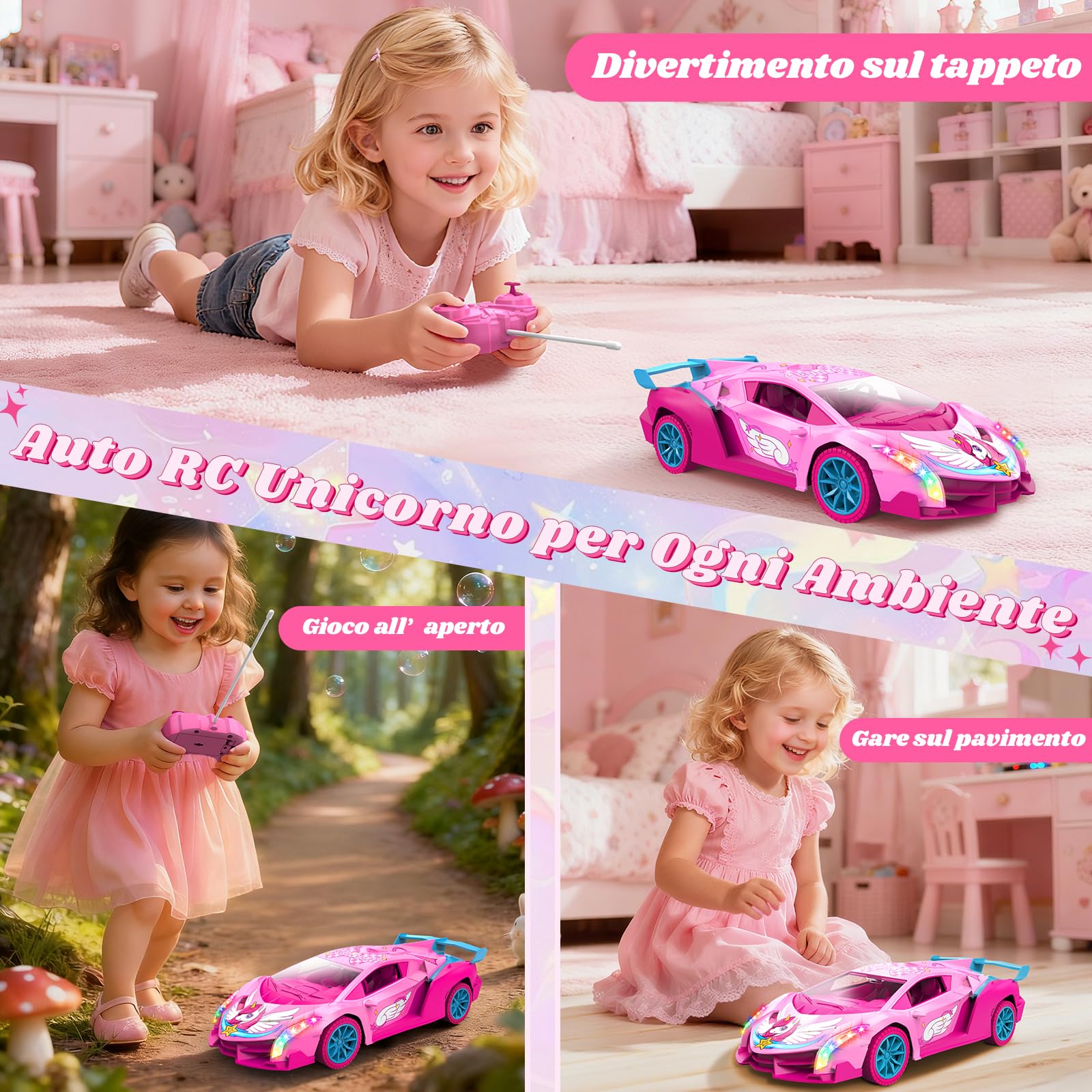 Unicorno Macchina Telecomandata Bambini con Luci Multicolore, Unicorno Regalo Giochi Bambina 3 4 5 6 7 8 9 Anni, 2,4GHz RC Drift Car Gioco Giocattoli Bimba 3-12 Anni Femmina Natale Compleanno Regali