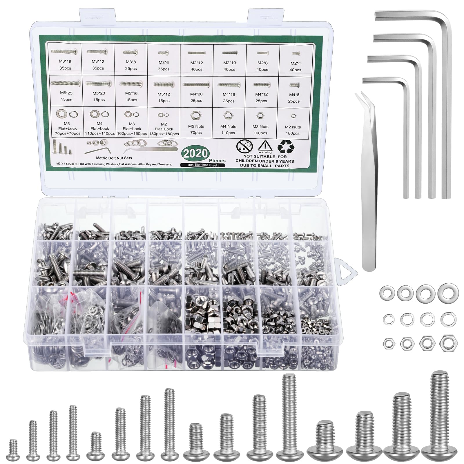 2024 Pcs Metric Screw Assortment, M2 M3 M4 M5 Bolts and Nuts Assortment Metric Machine Screw Assortment, 304 Stainless Steel Hex Button Head Screws Nuts Bolts and Washers Set