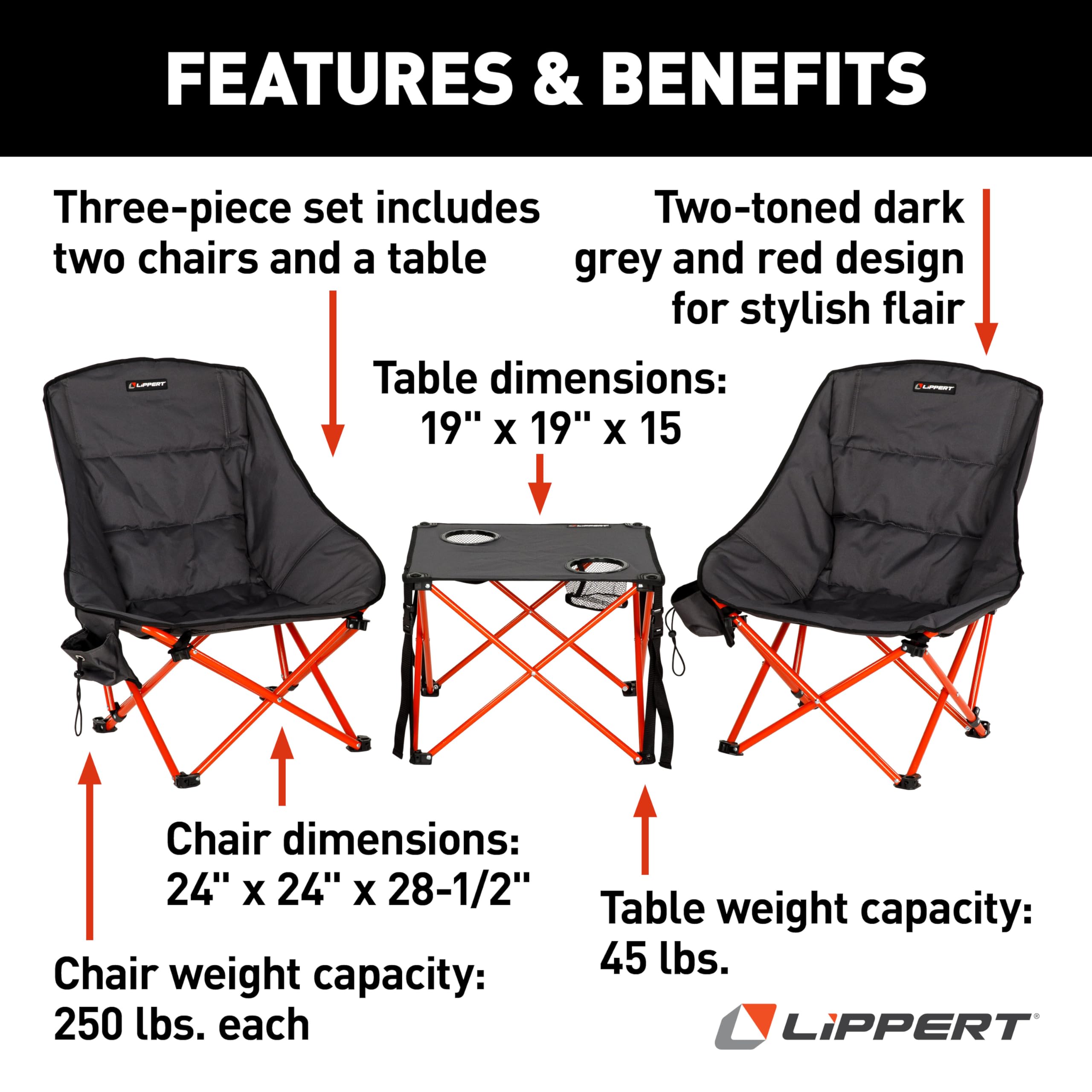 Lippert Baja Overlanding 3-Piece Chair & Table Set, 600-Denier Polyester Folding Chairs, Dual Cupholders, Innovative Scoop for Ultimate Comfort, Fold-up Convenience - 2023053719