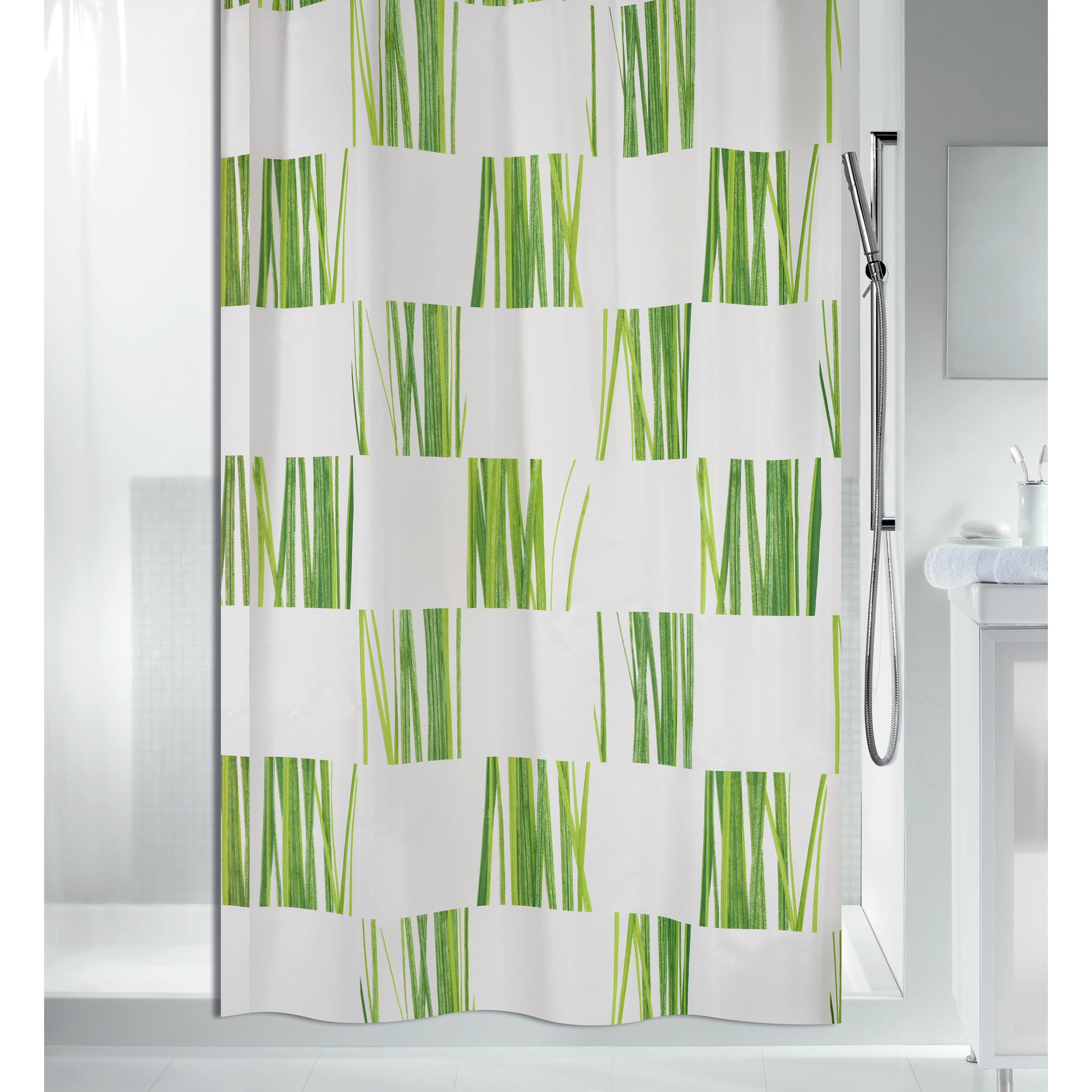 Spirella Anti-Schimmel Duschvorhang - Anti-Bakteriell, waschbar, wasserdicht, Polyester, „Seegras“ 180x200cm Weiß Grün