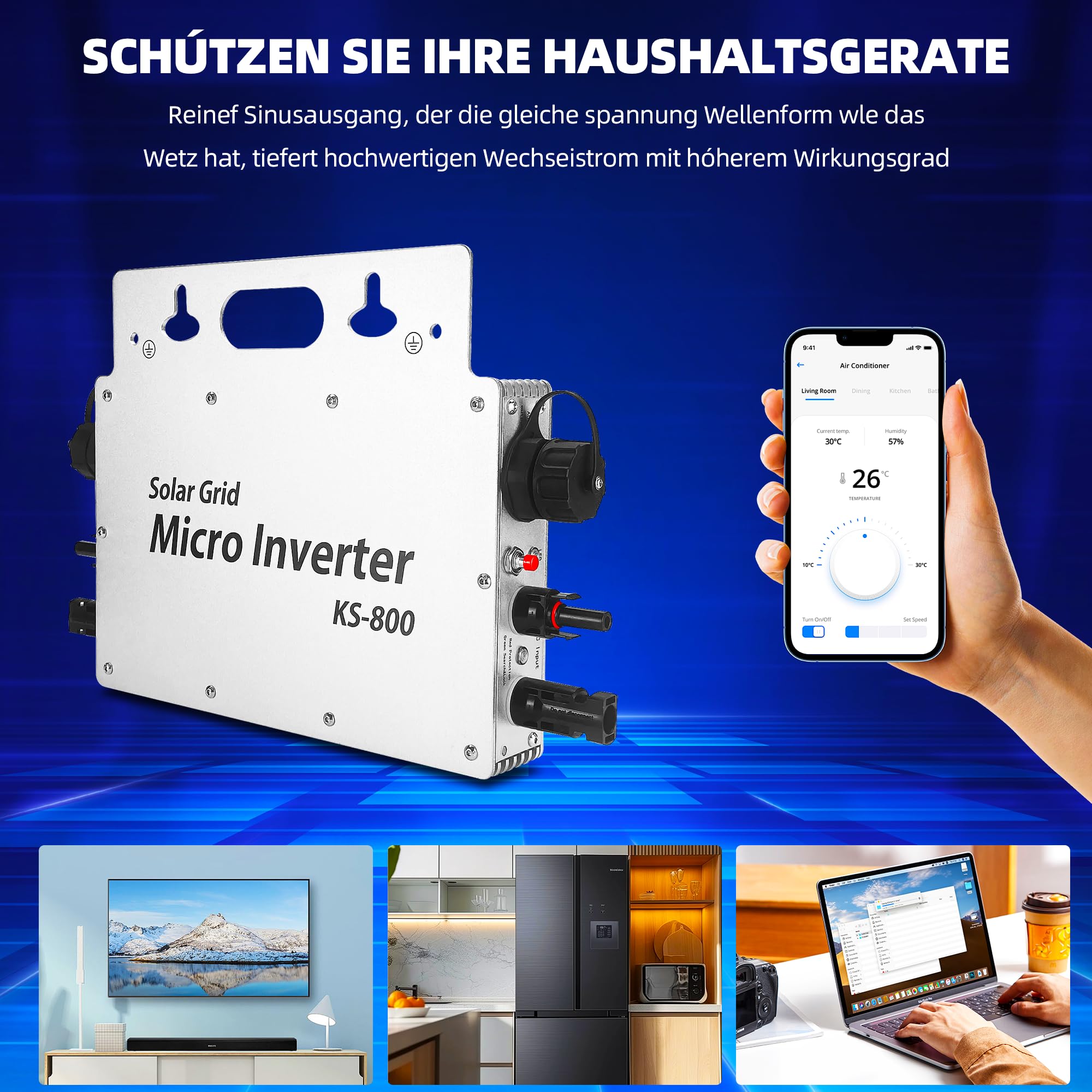 Centrale elettrica da balcone,800W Micro Inverter Solar Grid Tie con schermo di monitoraggio dati AC IP67 con App WLAN per 2 moduli solari per centrale elettrica da balcone