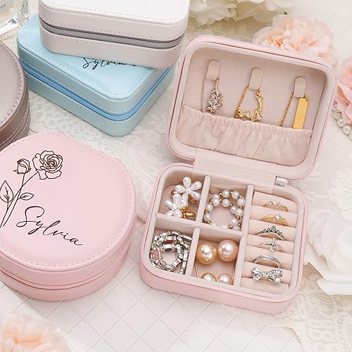 Miniatura 5 de Regalos de propuesta de dama de honor joyero de cuero personalizado caja de joyería de viaje de flores de nacimiento organizador de joyas