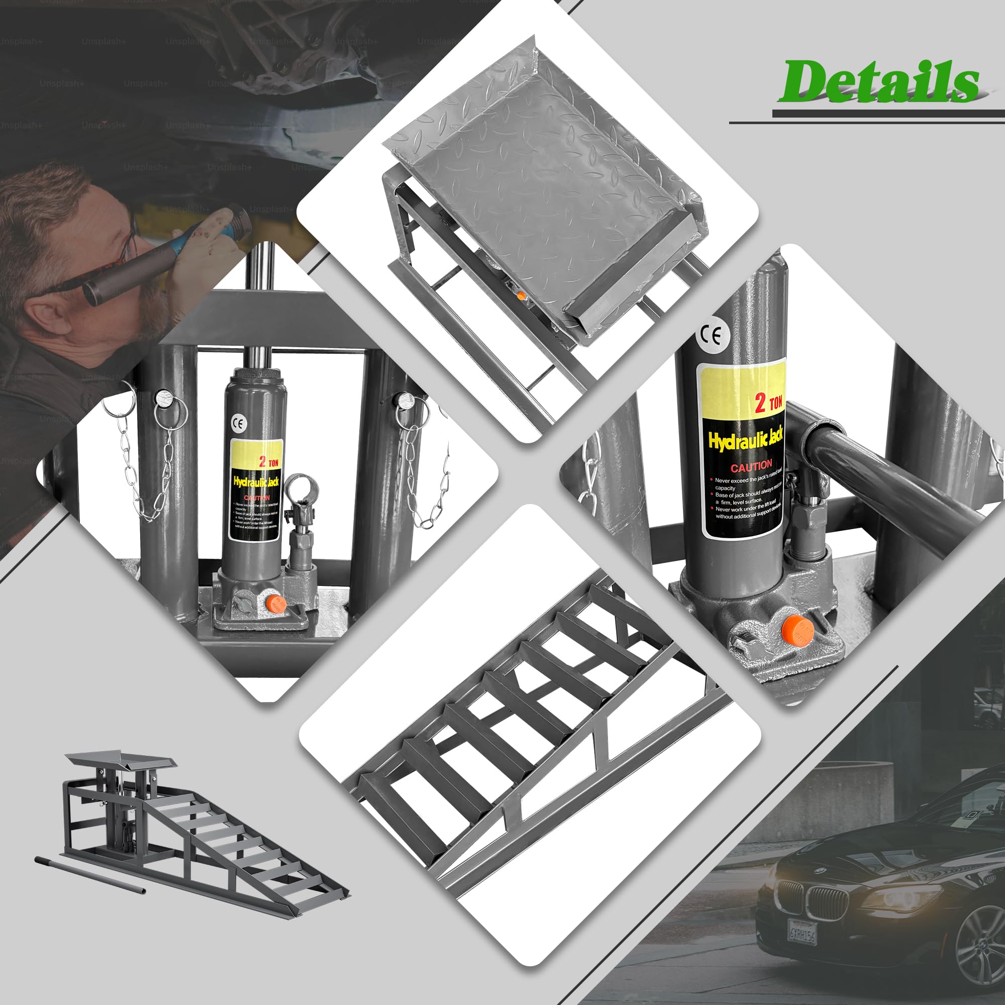 Juego de 2 rampas de carga para automóviles, con gato hidráulico, plataforma elevadora con válvula de seguridad/sobrepresión, para caravanas, remolques, garajes, talleres, HD26041503