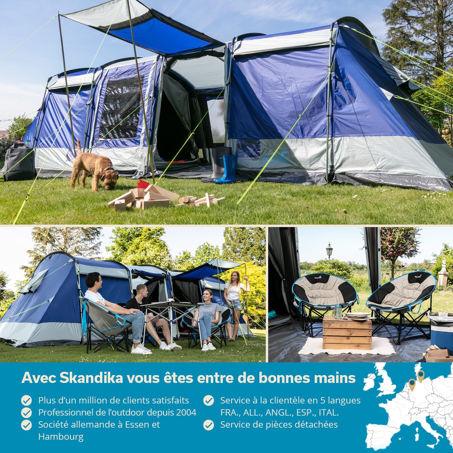 Skandika Tente Tunnel Montana 10 Personnes | Tente de Camping avec/sans Tapis de Sol Cousu, avec Technologie Sleeper, 3-4 cabines de Couchage, Colonne d'eau 5000 mm