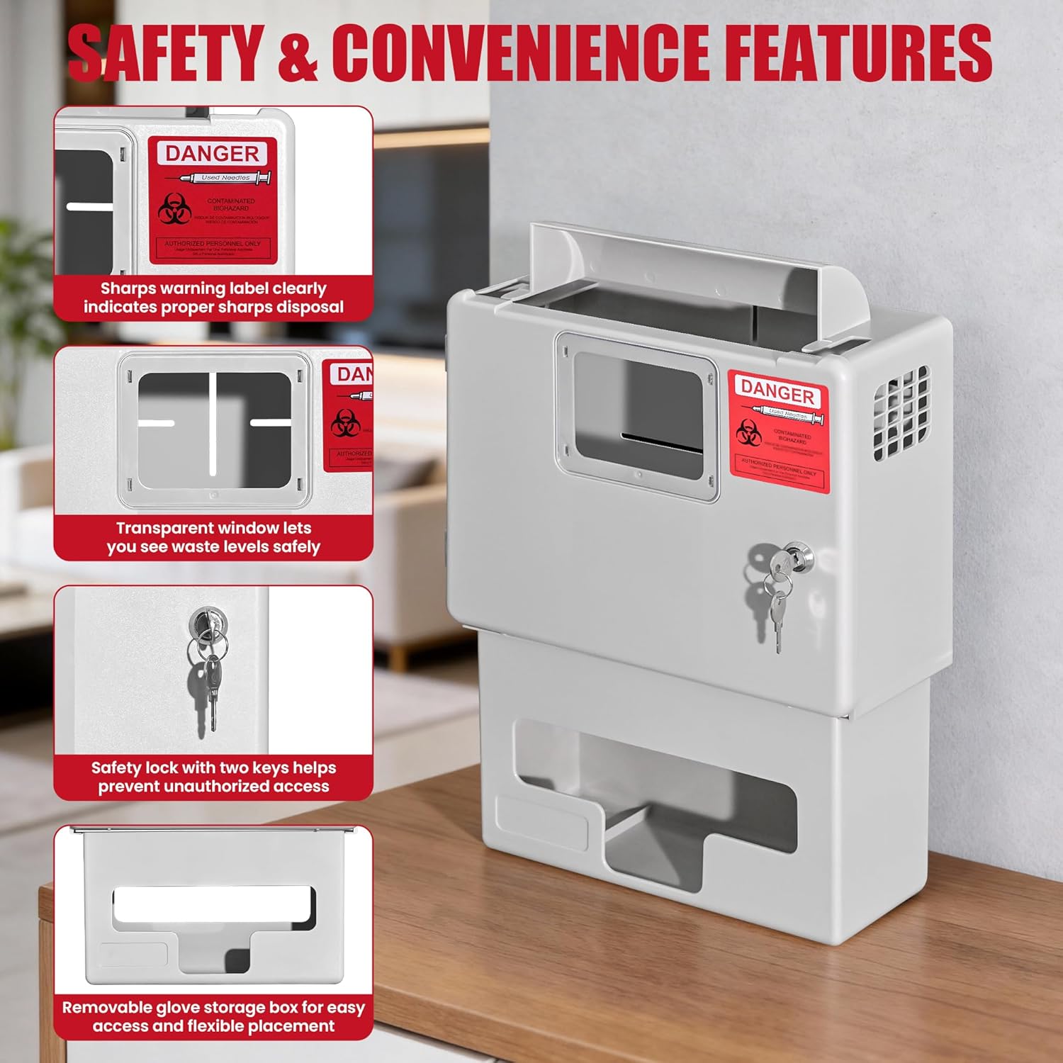 2 Pack Wall Mount Sharps Container, Locking Sharps Disposal Cabinet with Glove Box for 5 Qt Sharp Container, ABS Needle Disposal Wall Enclosure for Home Professional Use, Sharps Box Not Included