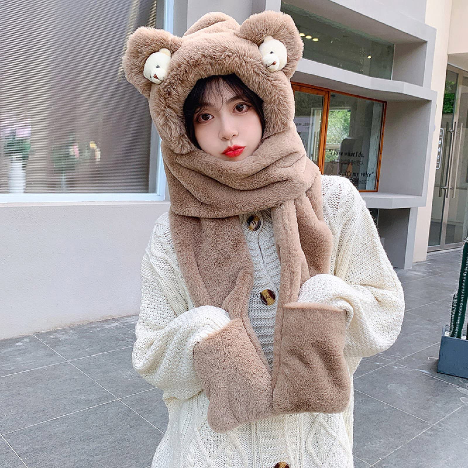 Sombrero de Punto Grueso para Mujer,Gorro de Punto Slouch de Forro Polar,Gorro de bufanda dulce para todos los partidos, gorro de protección para los oídos de felpa gruesa, Caqui, Talla única