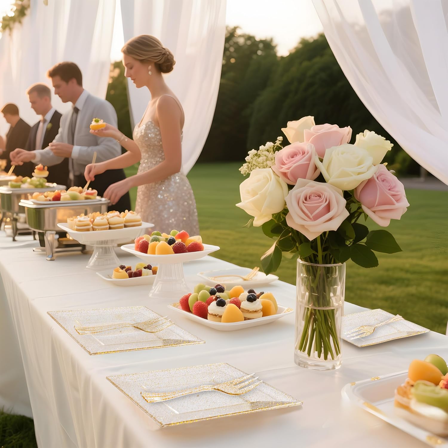 DaYammi 200Pcs Gold Dessert Plates Including 100Pcs Appetizer Plates 6",100Pcs Plastic Forks 5.7",Gold Glitter Plastic Square Plate for Party,Gold Salad Plate and Cake Forks for Party Wedding