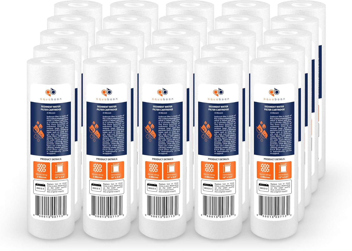 Aquaboon 5 Micron 10 x 2.5 Sediment Filter – Whole House Water Filter Replacement Compatible with Well Water Filters – P5, AP110, WHKF-GD05, 25-Pack