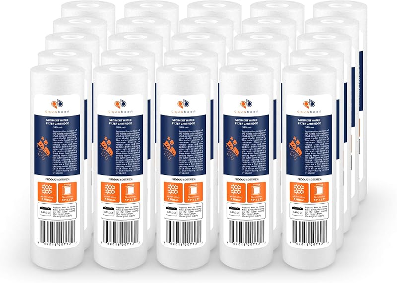 Filtro de sedimentos Aquaboon 5 micrones 10 x 2.5 - Reemplazo de filtro de agua para toda la casa compatible con filtros de agua de pozo - P5, AP110, WHKF-GD05, paquete de 25