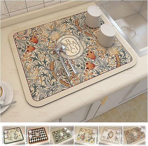 Tapete de drenaje de estilo fantasía, tapete absorbente para secado de platos, almohadillas de secado para encimera de cocina, platos florales