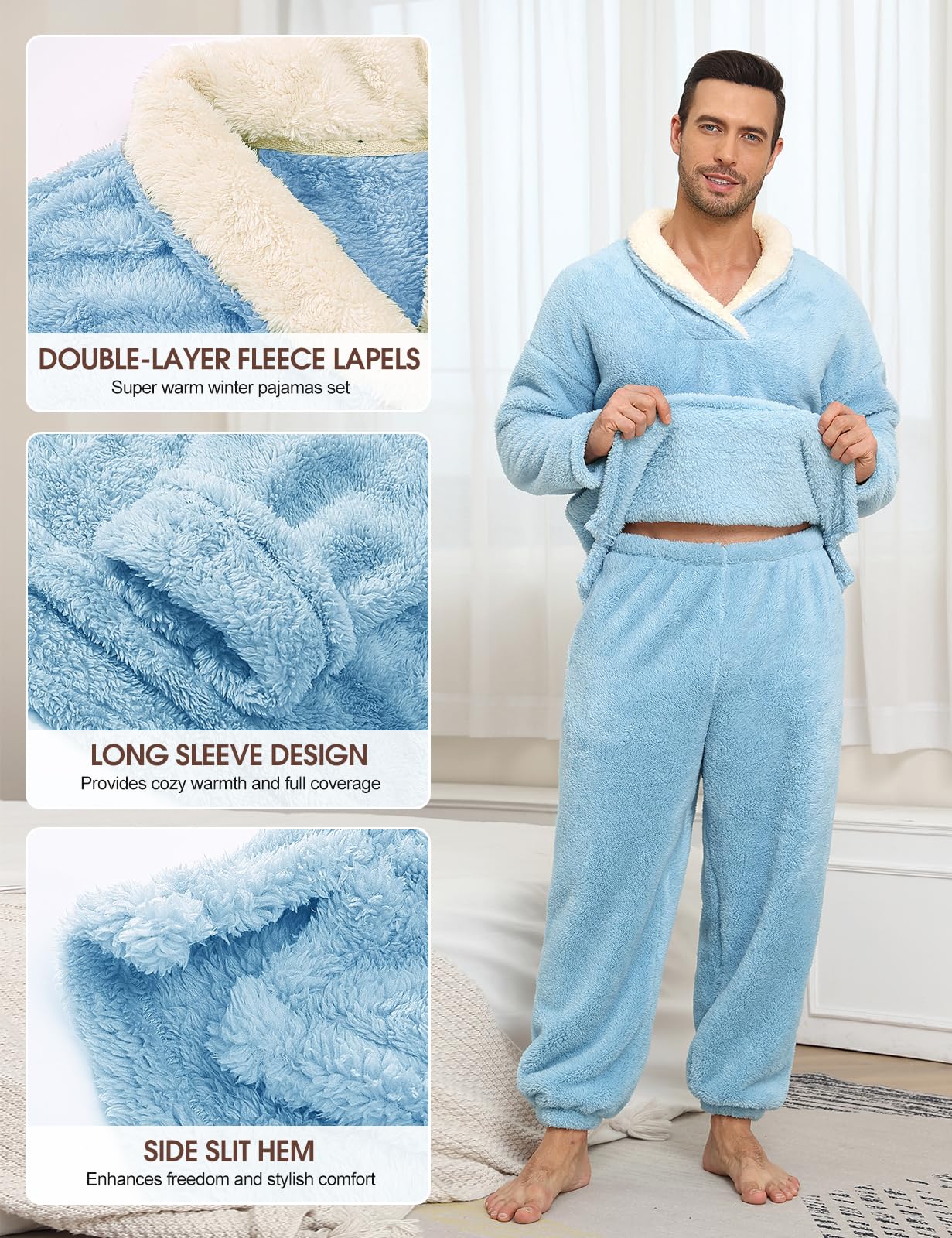 TOMEEK Pijama Hombre Invierno Largo Pijama Cálido Pantalones de Pijamas Hombre Conjunto de 2 Piezas Felpa Ropa de Estar por Casa Regalo