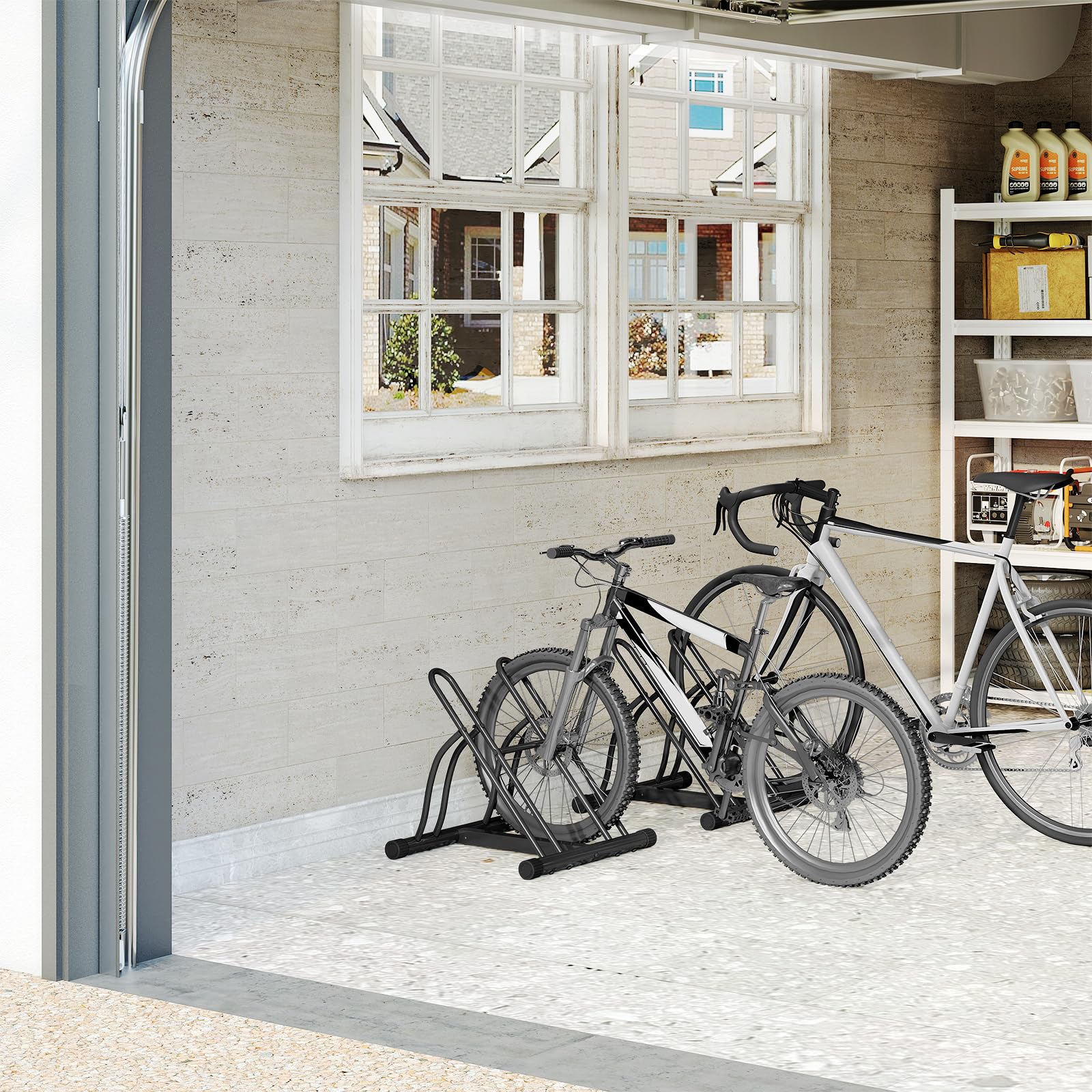 WOLTU Soporte para Bicicletas, Aparcameinto para 2 Bicicletas en Extereior, Soporte para Neumáticos de Máx. 60 mm, Metálico, para Patio, Garaje y Jardín, Negro