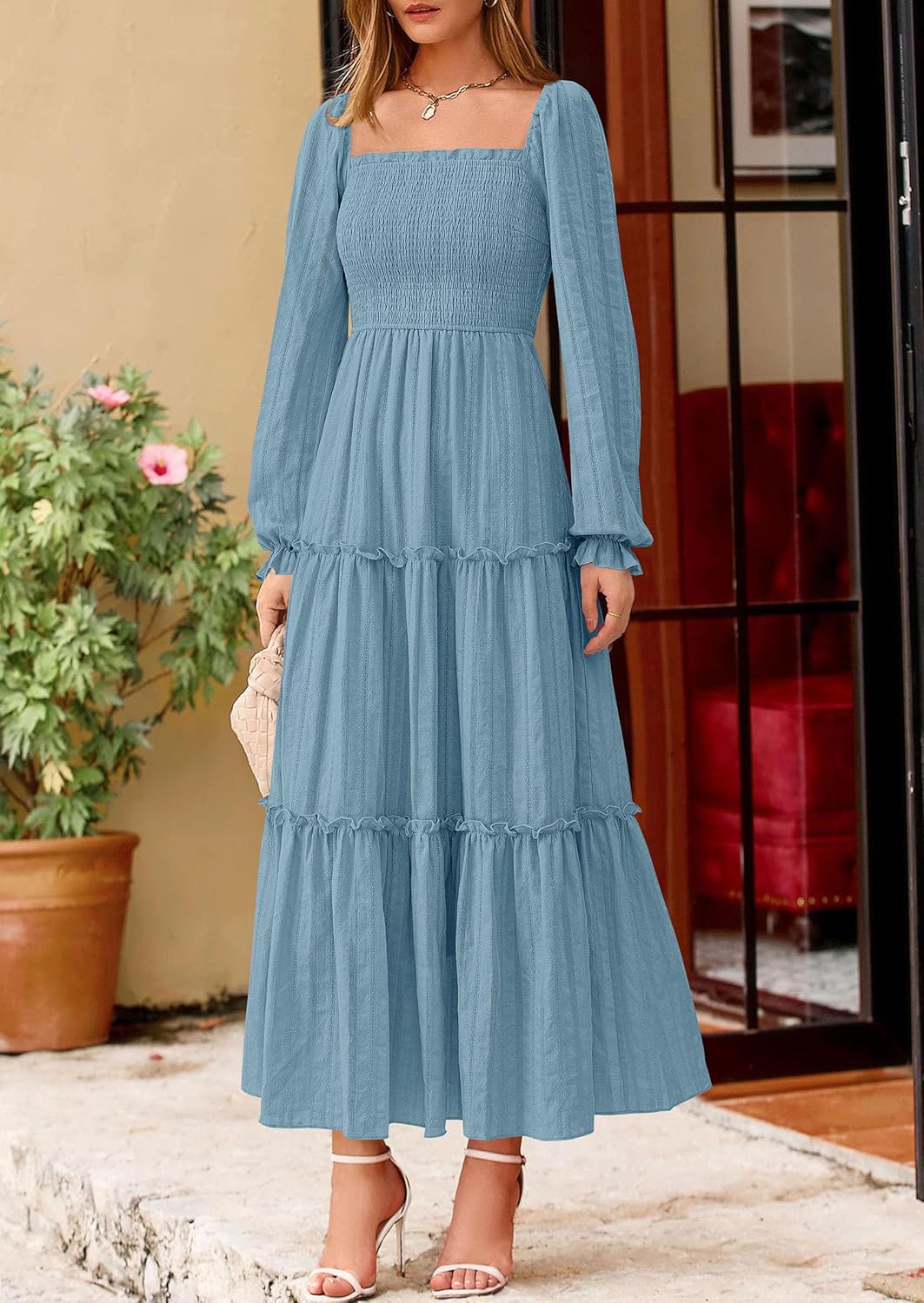 PRETTYGARDEN Spring Dresses for Women 2026 Casual Long Sleeve Smocked Ruffle Flowy Elegant Wedding Guest Maxi Dress Pockets - Image 7