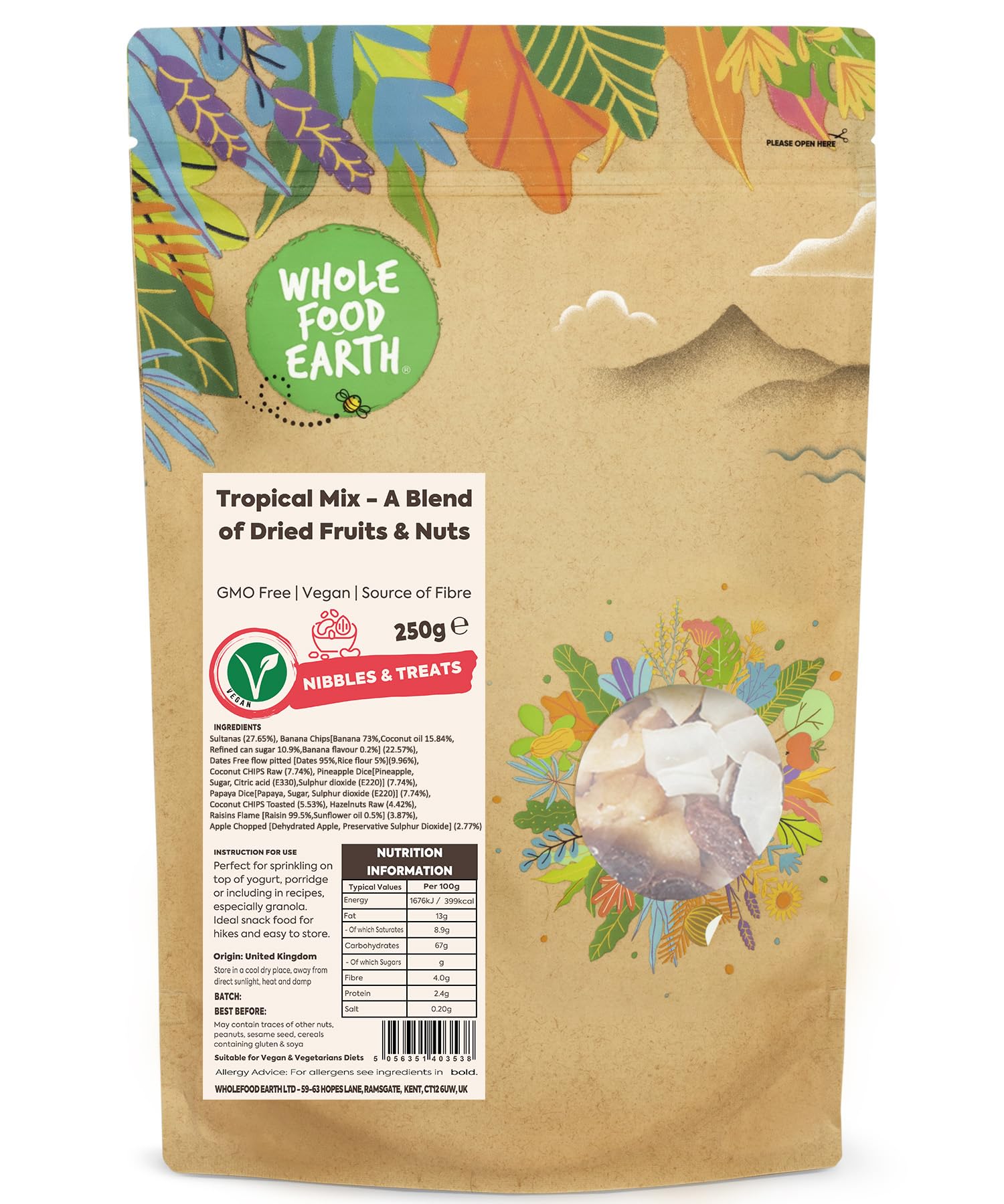 Wholefood Earth Tropical Mix - A Blend of Dried Fruits and Nuts 250 g | GMO Free | Source of Fibre