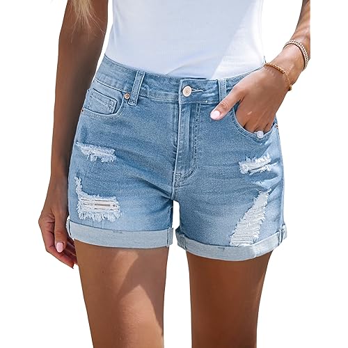 LookbookStore Women's High Waisted Rolled Hem Distressed Jeans Ripped Denim Shorts