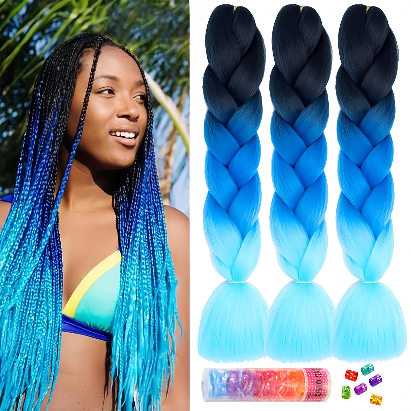 BouGPeng Extensiones para Trenzas 3 Piezas 24"Pelo Sintetico Trenzas de Pelo Trenzas Africanas Extensiones Jumbo Extensiones para Cabello Trenzado Torcido(Negro-azul oscuro-azul claro)