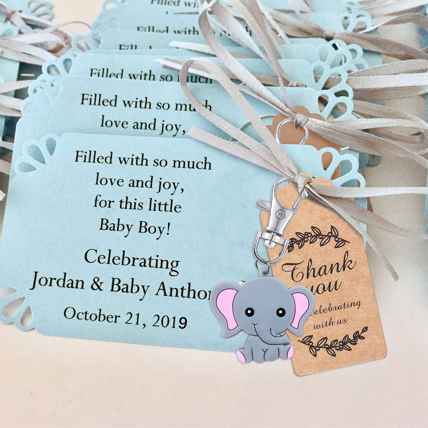 Gift Card Set 20 Bomboniere Baby Shower - Portachiavi Elefante + Sacchetti  Organza + Etichette Ringraziamento Bomboniere Matrimonio, image size:1500x1500