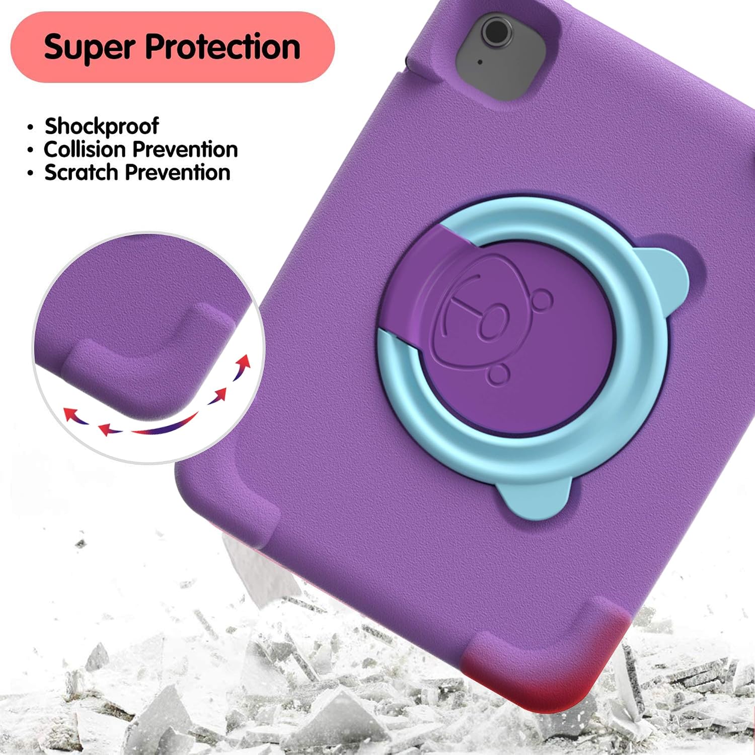 PZOZ iPad Kids Case Compatible for iPad Air 4th 2020 & Air 5th 2022 Generation 10.9 inch, EVA Shockproof Rotate Handle Folding Stand Heavy Duty Protective Cute Cover for Boys Girls (Purple)