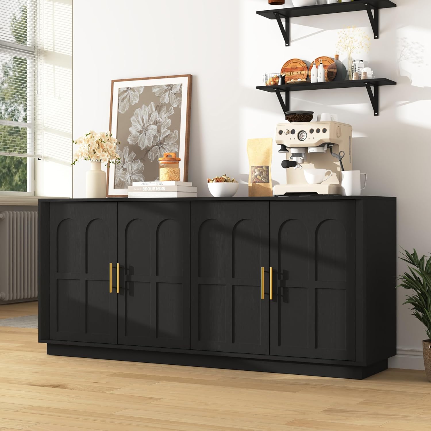 67" Sideboard Buffet Cabinet with Storage, Mid Century Modern Accent Cabinet with Arched Doors,Wood Media TV Console Table Credenza for Living Room Dining Room Hallway Entryway(Black)