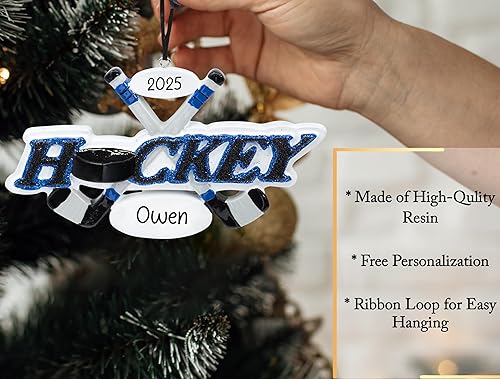 Miniatura 3 de Adorno de Navidad personalizado de hockey sobre hielo 2023  Palos de hockey y disco de decoración del árbol de Navidad para niños y niñas  Regalo de
