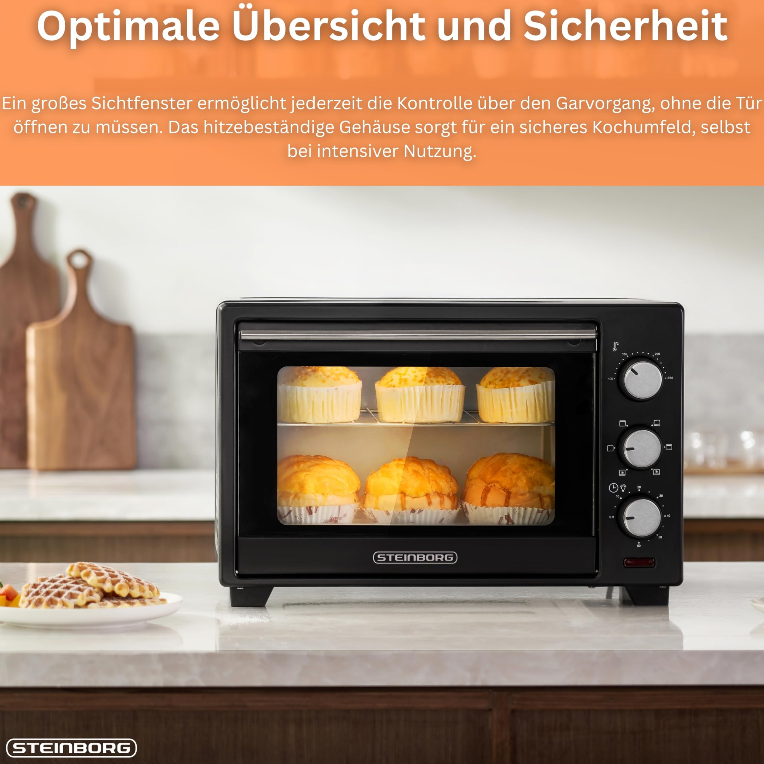 STEInBORG Mini Backofen 25 Liter | Pizza-Ofen | 3in1 Backofen | Minibackofen | Miniofen | Krümelblech | Ober-/Unterhitze | Konvektion | 60 minTimer | 1.600 Watt