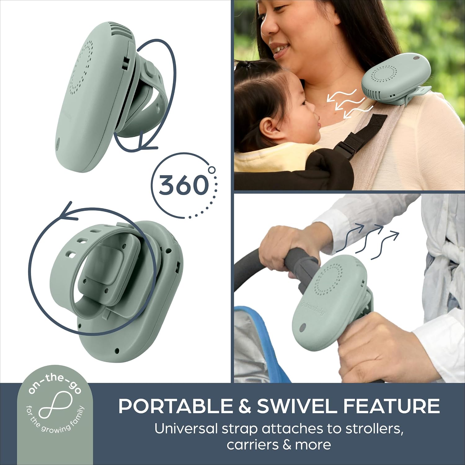 Dreambaby Breezz-to-Go USB Rechargeable Bladless Baby Fan with Swivel Strap – Portable Cooling for Strollers, Car Seats & Travel