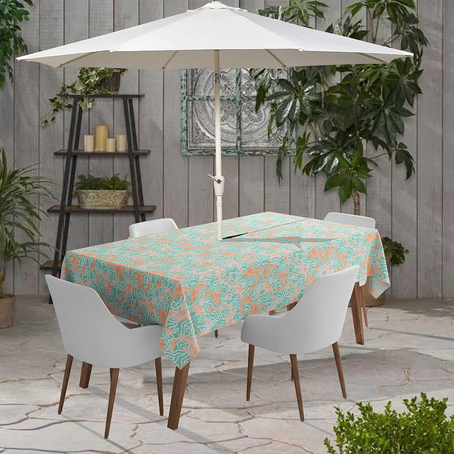 Indoor/Outdoor Tablecloth 58x58 Inch SquareTablecloth with Umbrella Hole and Zip- Waterproof Patio Table Cloths- Table Covers for Backyard Rectangular Table- Aquamarine Green2
