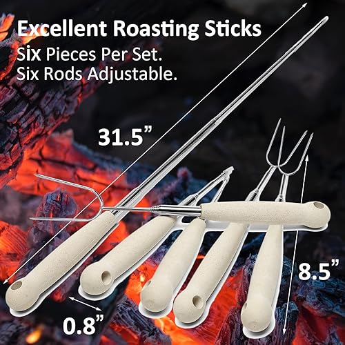 Miniatura 4 de Juego de 6 palitos de malvavisco de 32 pulgadas para hoguera, palitos Smores Sticks, diseño extensible, palos de asado de acero inoxidable para