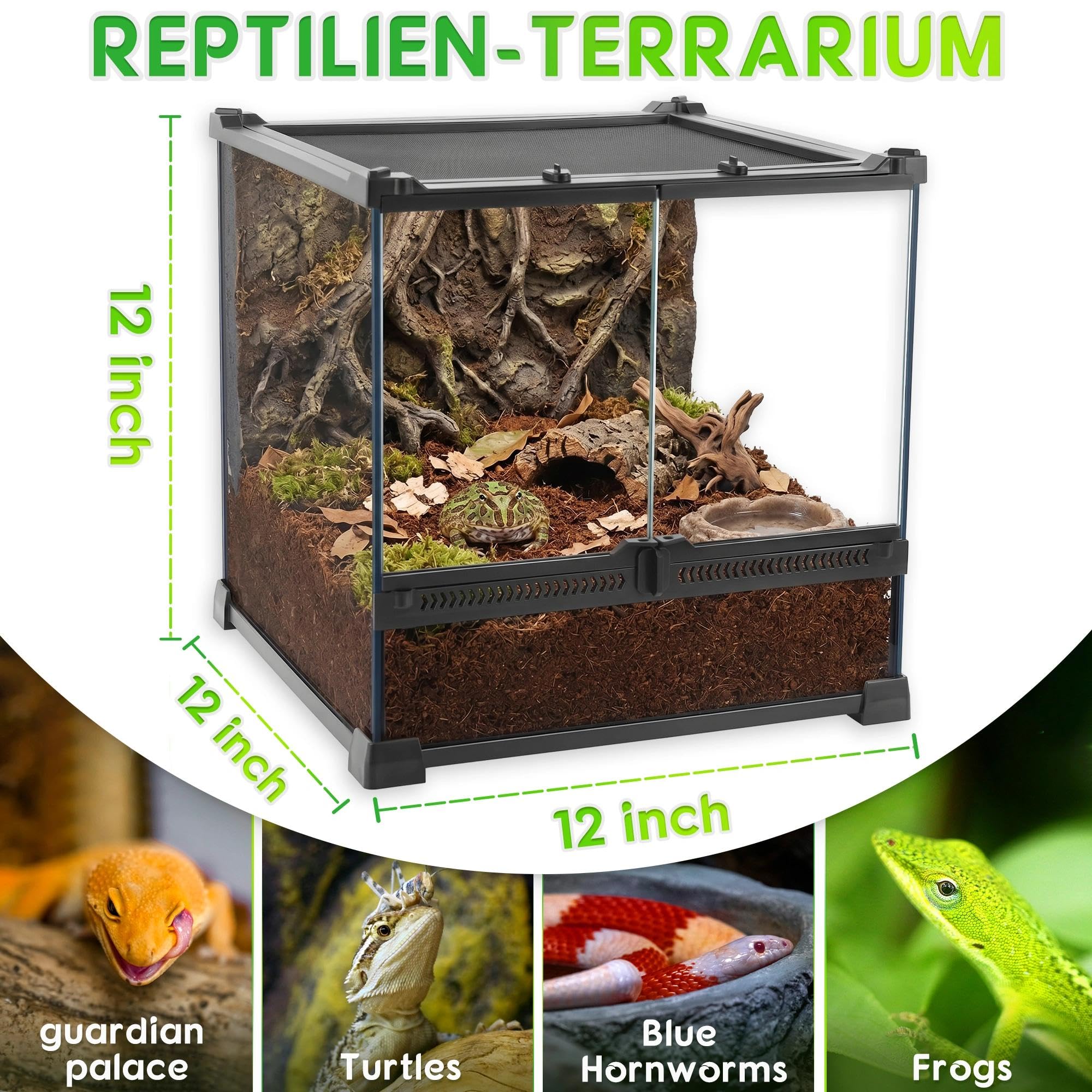 Mini terrario de vidrio para reptiles de 12 x 12 x 12 pulgadas, tanque de hábitat duradero para reptiles con marco de aleación de aluminio resistente al calor, puertas dobles oscilantes sin