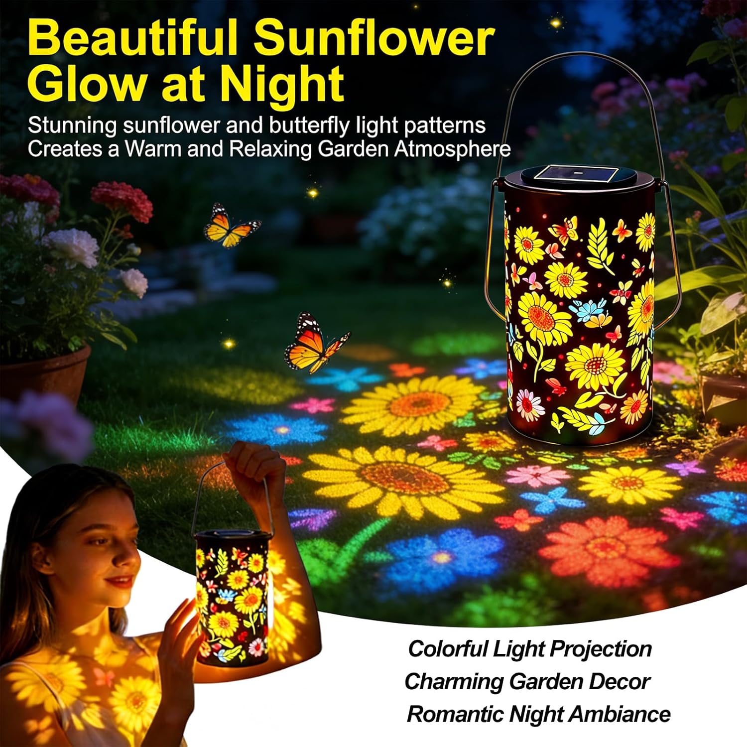 Colorful Sunflower Glow Solar Garden Lantern, IP65 WaterproofSolar Lanterns Outdoor, Hanging Solar Lanterns with Colorful Projection, Metal Lanterns Decorative for Yard, Porch (Colored Light*4)