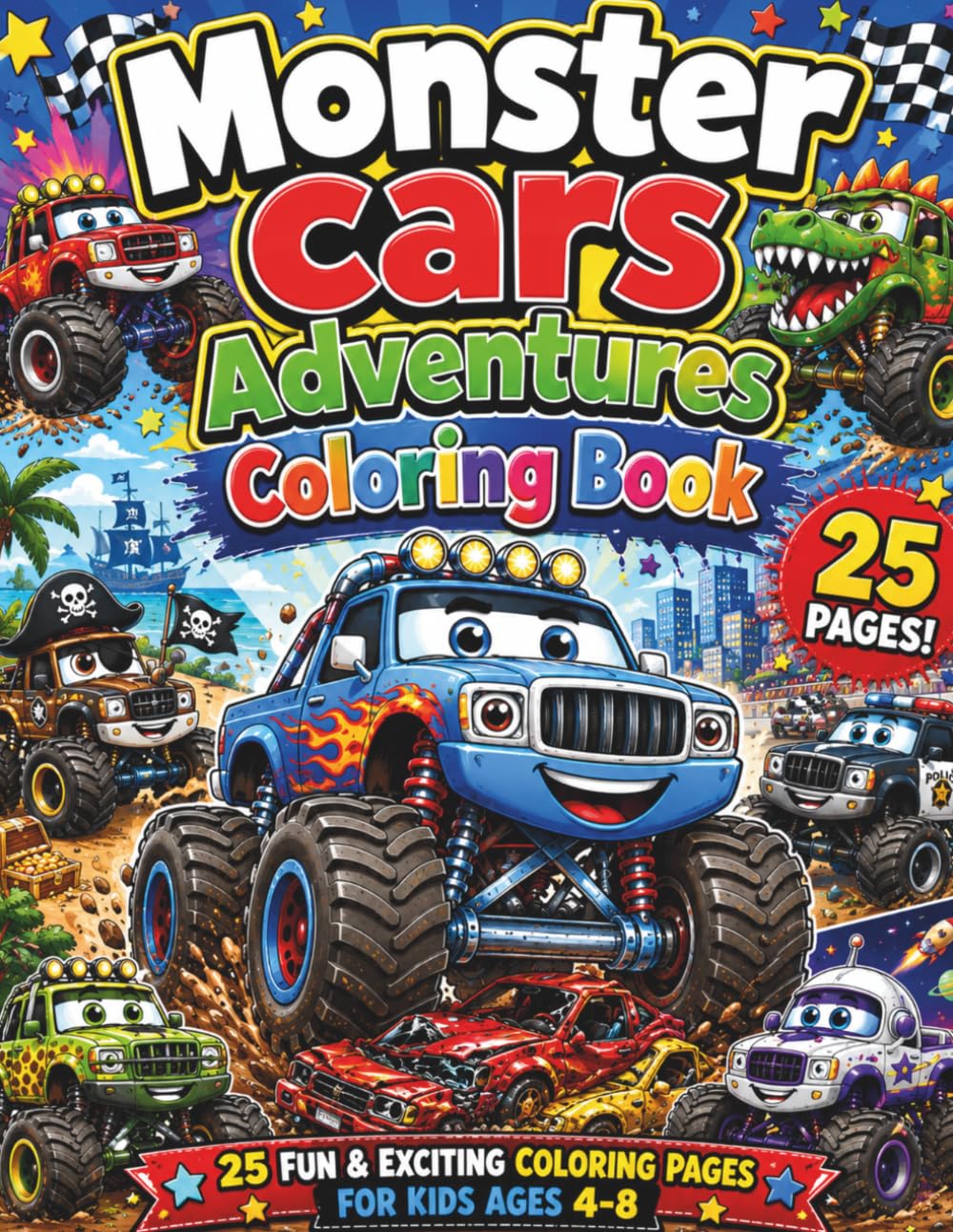Monster Cars Adventures Coloring Book: 25 Amazing Monster Trucks for Kids Ages 4–8