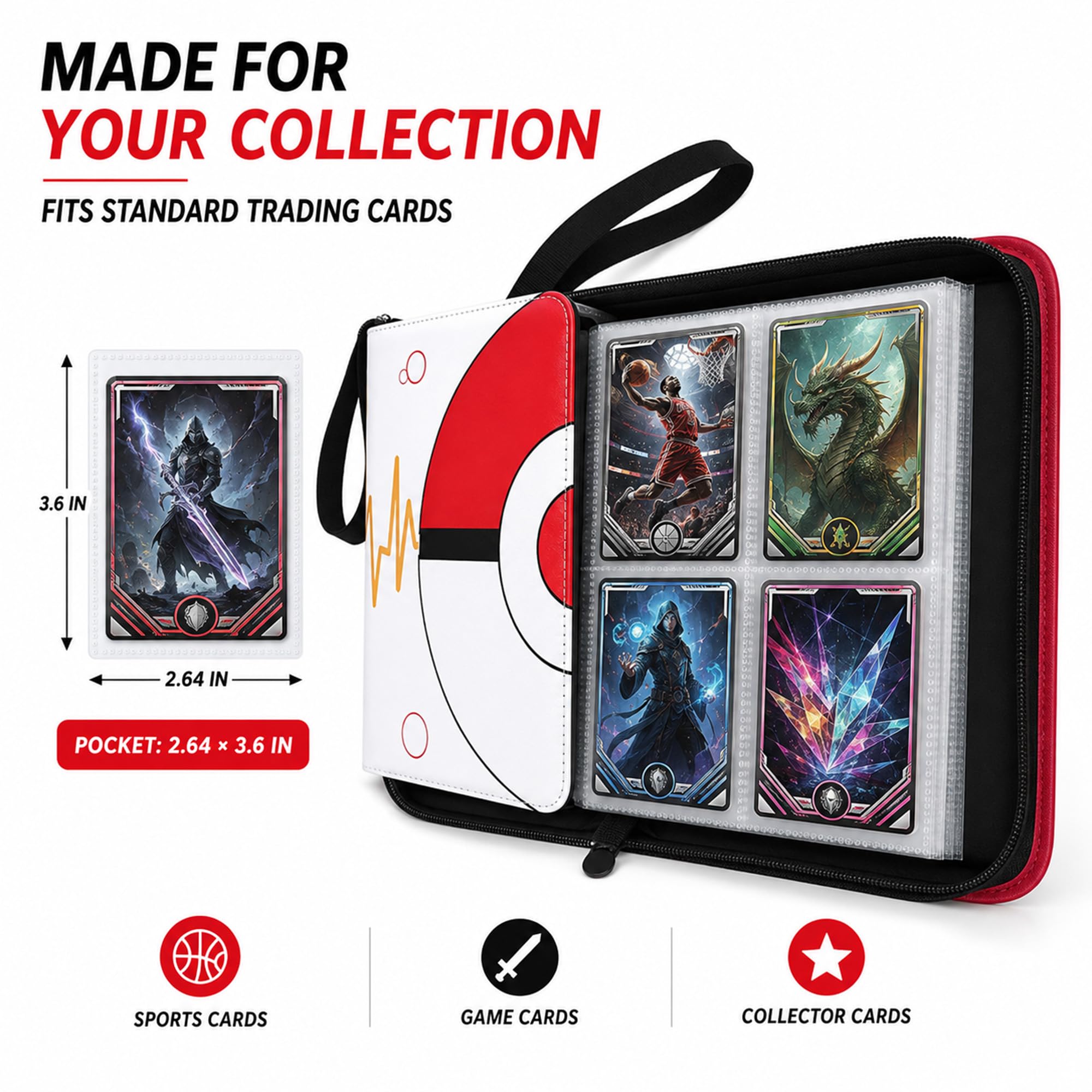 Raccoglitore di carte collezionabili con 4 tasche, album di carte da collezione con 50 maniche rimovibili, raccoglitore con cerniera per 400 carte, protezioni impermeabili per sport, TCG, carte