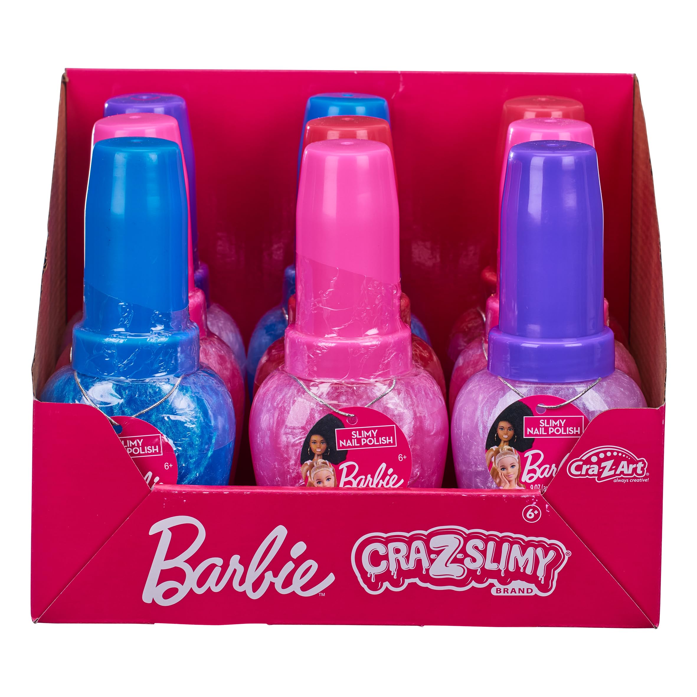 Cra-Z-Art, Barbie Slimy Nail Polish Pre Made slippery slime in four vibrant colours in Barbie themed nail polish bottle Official Barbie merchandise- Styles May Vary