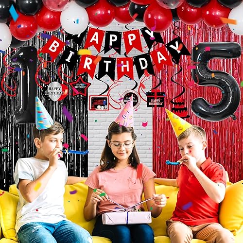 Miniatura 3 de Decoraciones de cumpleaños de 15 años para niños y niñas, globos rojos y negros de cumpleaños número 15, pancarta con el número 15, mantel de