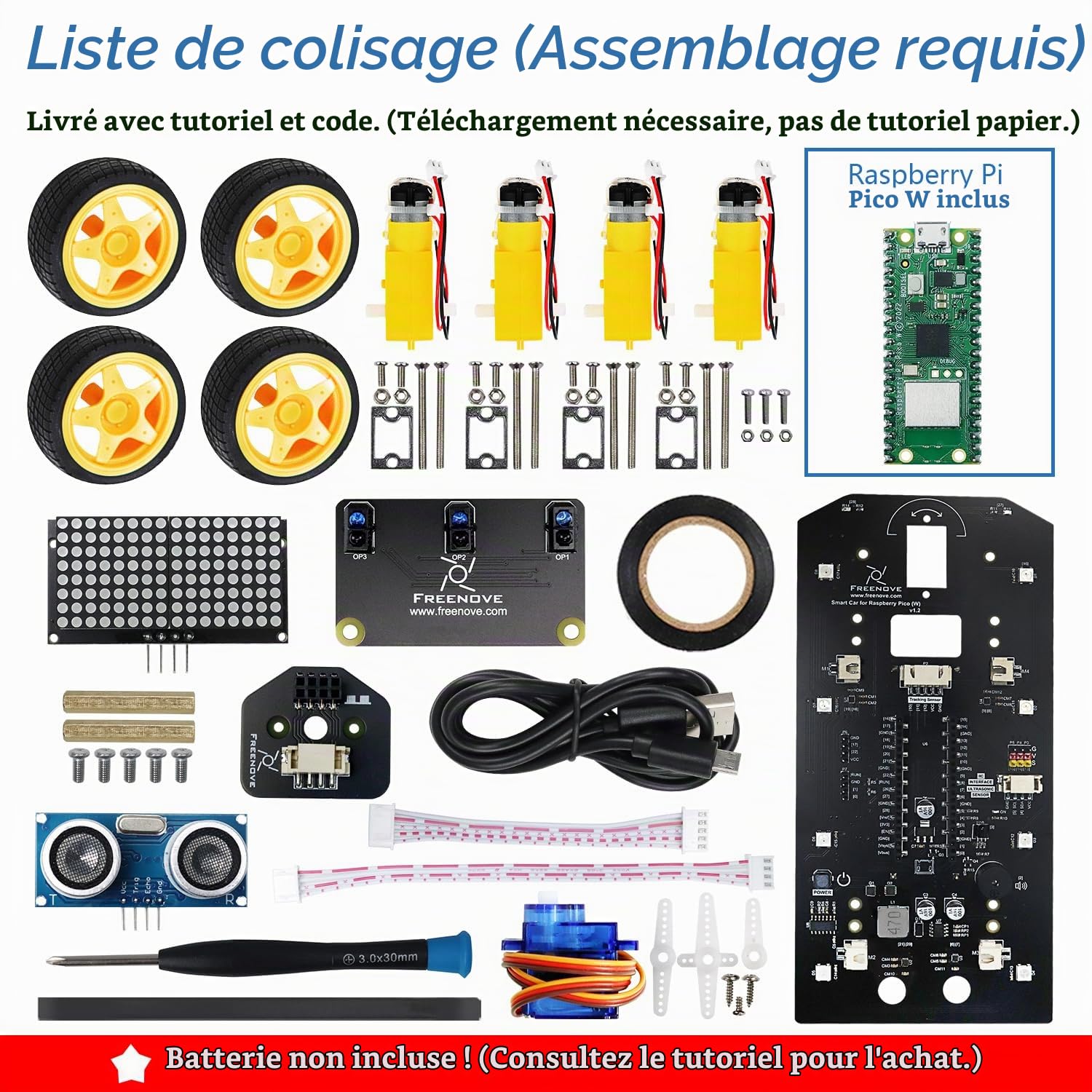 Freenove 4WD Car Kit for Raspberry Pi Pico W (Included) (Compatible with Arduino IDE), Dot Matrix Expressions, Obstacle Avoidance, Line Tracking, Light Tracing, Colorful Light, App
