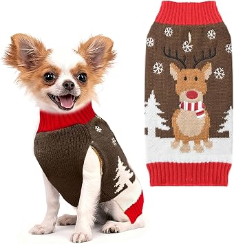 Dog Christmas Sweater Cute Reindeer Cat Puppy Sweaters Soft Warm Fall Winter Dogs Clothes Brown Ugly Xmas Pet Sweatshirt Knitted Doggie Vest Outfit for Small Medium Large DogsBrown,XS