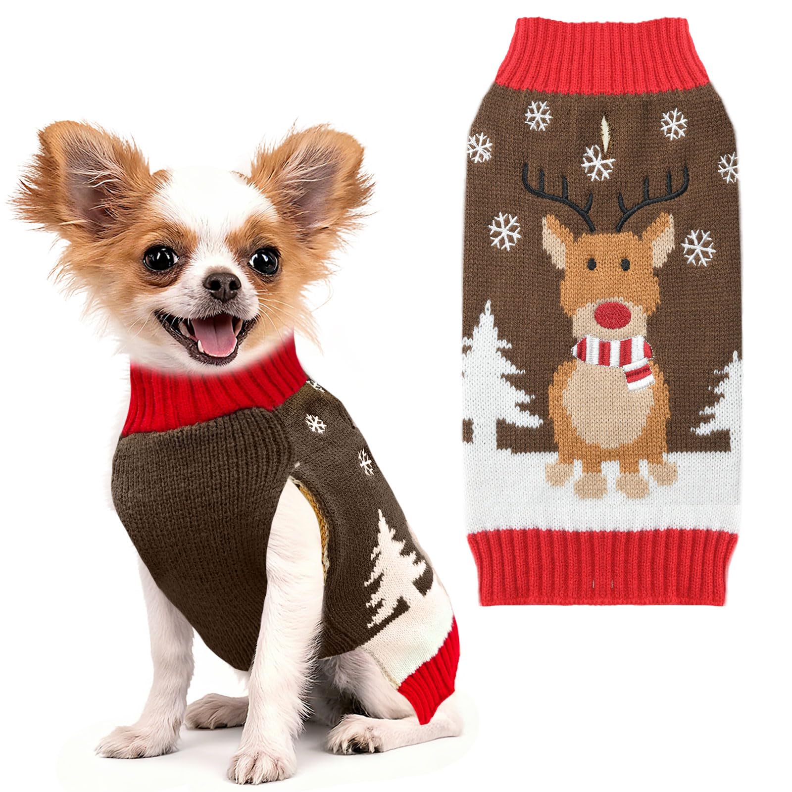 HRTTSY Christmas Dog Sweater Cute Reindeer Cat Puppy Sweaters Soft Warm Fall Winter Dogs Clothes Brown Ugly Xmas Pet Sweatshirt Knitted Doggie Vest Outfit for Small Medium Large Dogs(Brown,XXS)