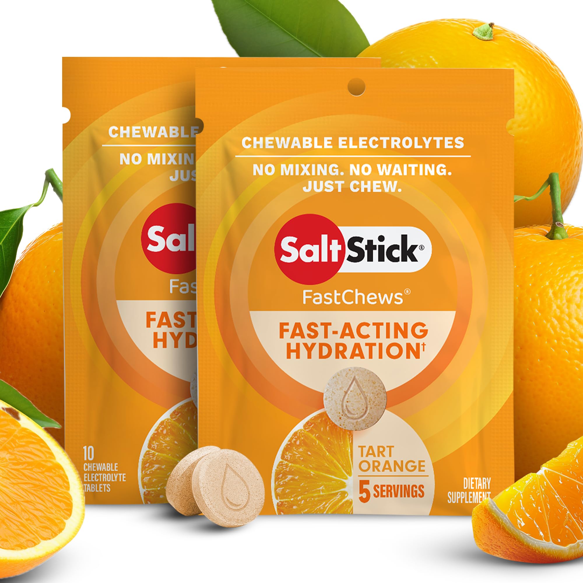SaltStick Fastchews, Electrolyte Replacement Tablets for Rehydration, Exercise Recovery, Youth & Adult Athletes, Hiking & Sports Recovery, 2 x Packets of 10 Tablets (Tart Orange)