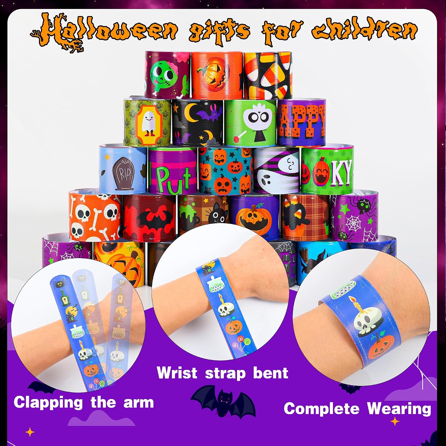 LUYI 144 PCS Halloween Slap Bracelets,Halloween Party Favors Supplies for Kids-108 Different Designs Bracelets Bulk for Halloween Decorations Treat Toys Bag Stuffers Gift for Kids Girls Boys image 3