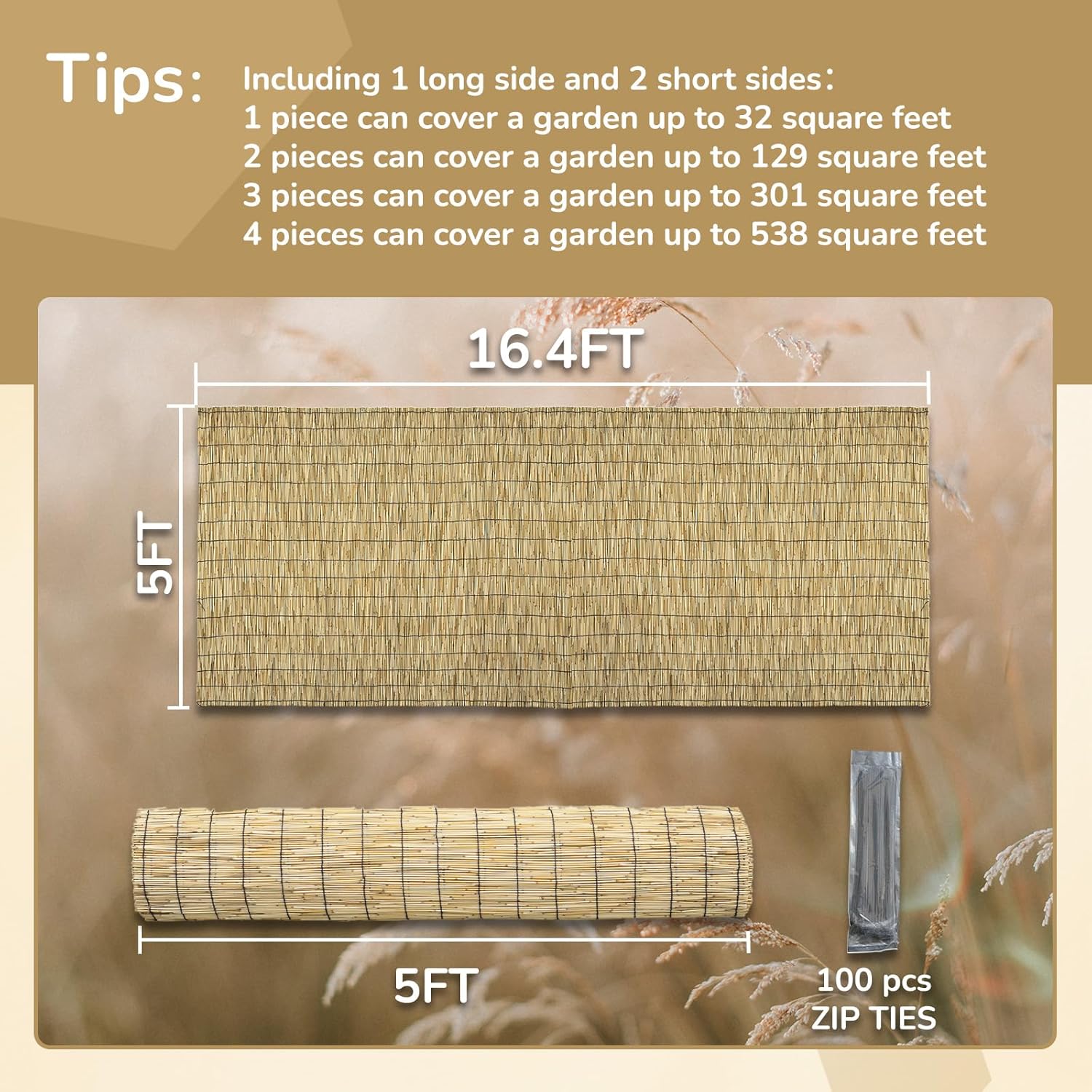 Natural 5FT X 16.4FT Reed Fencing Roll, Balcony Privacy Shade Reed Bamboo Fencing Garden Fence Border, Wind Block Sunshade Fence Screen for Outdoor Yard Patio Flower Bed Edge