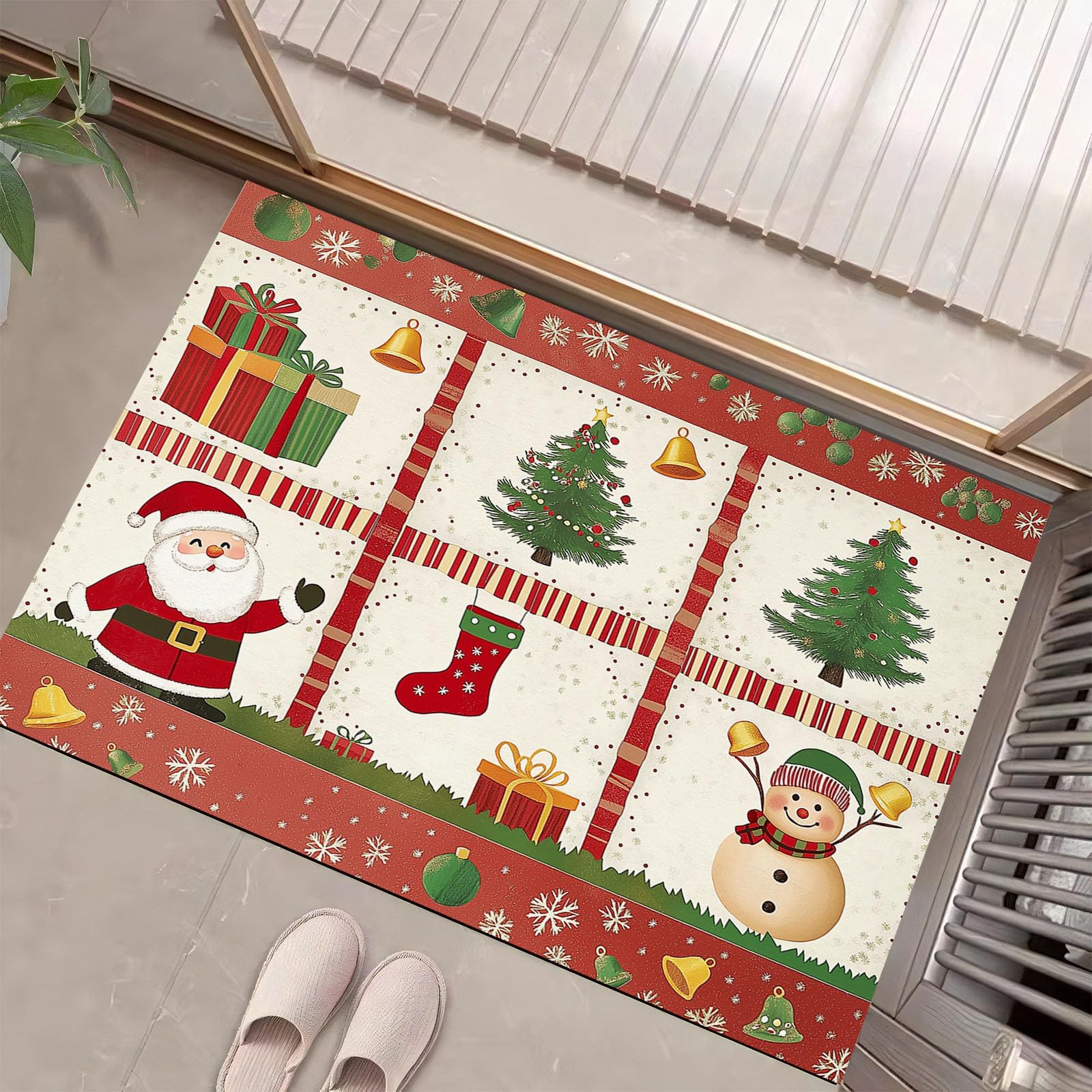 Felpudo Tema Navideño Lavable, Alfombra Pequeña Ilustración Dibujada A Mano De 80X120Cm, Tapetes De Puerta Suaves Para Entrada, Alfombras De Entrada Antideslizantes Rojo Y Blanco De Pelo Bajo