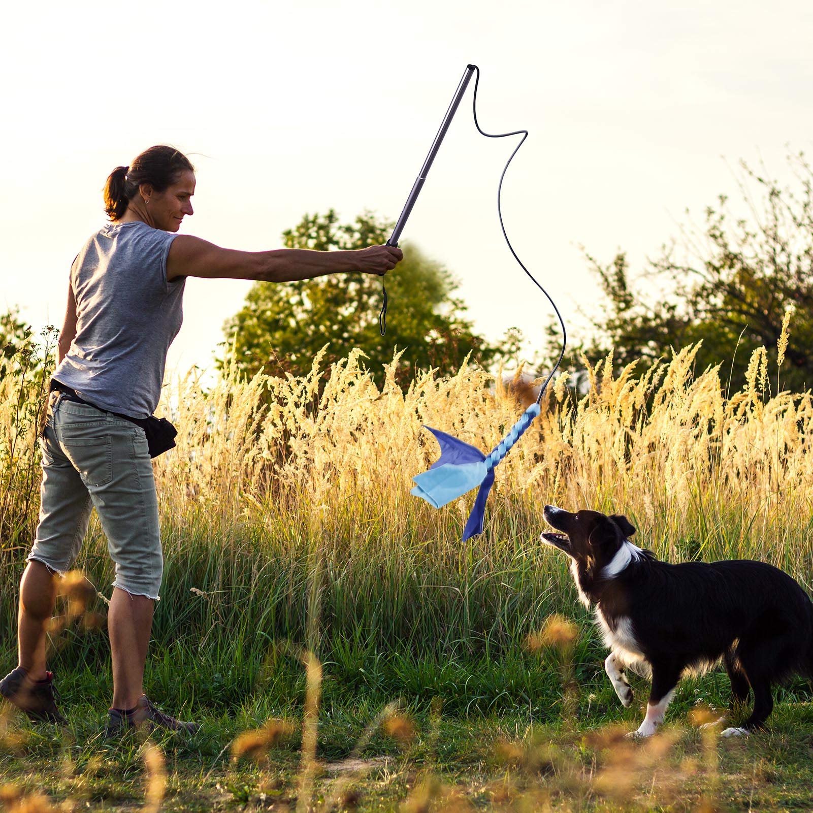 Auidy_6TXD Flirt Pole Cani, Giochi Giocattoli interattivi per cani retrattile con 2 giocattoli da masticare corda per masticare, allenamento