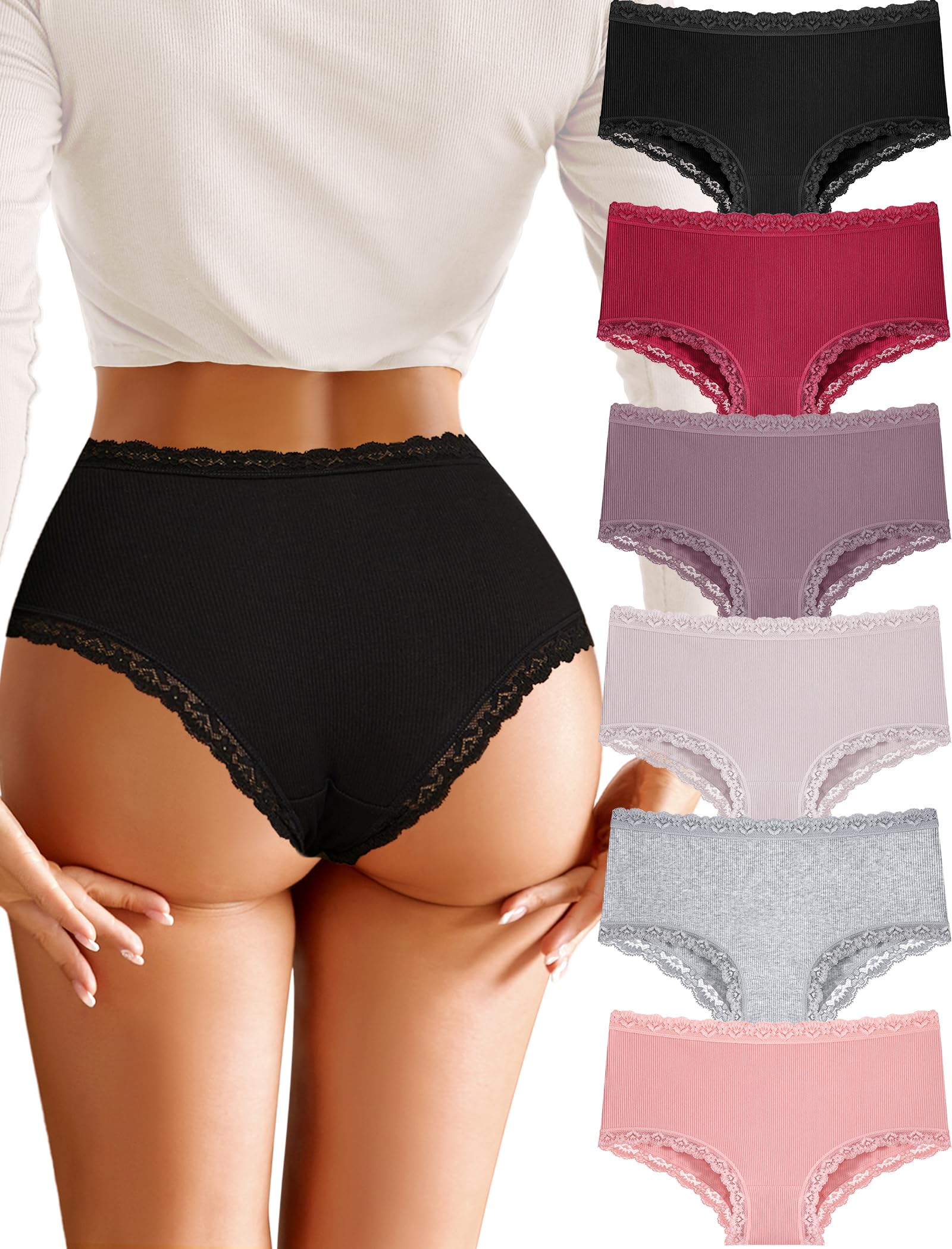 FINETOO Cotton Underwear for Women Sexy Boy Shorts Breathable Cheeky Lace Trim Panties Womens Underwear 6 Pack