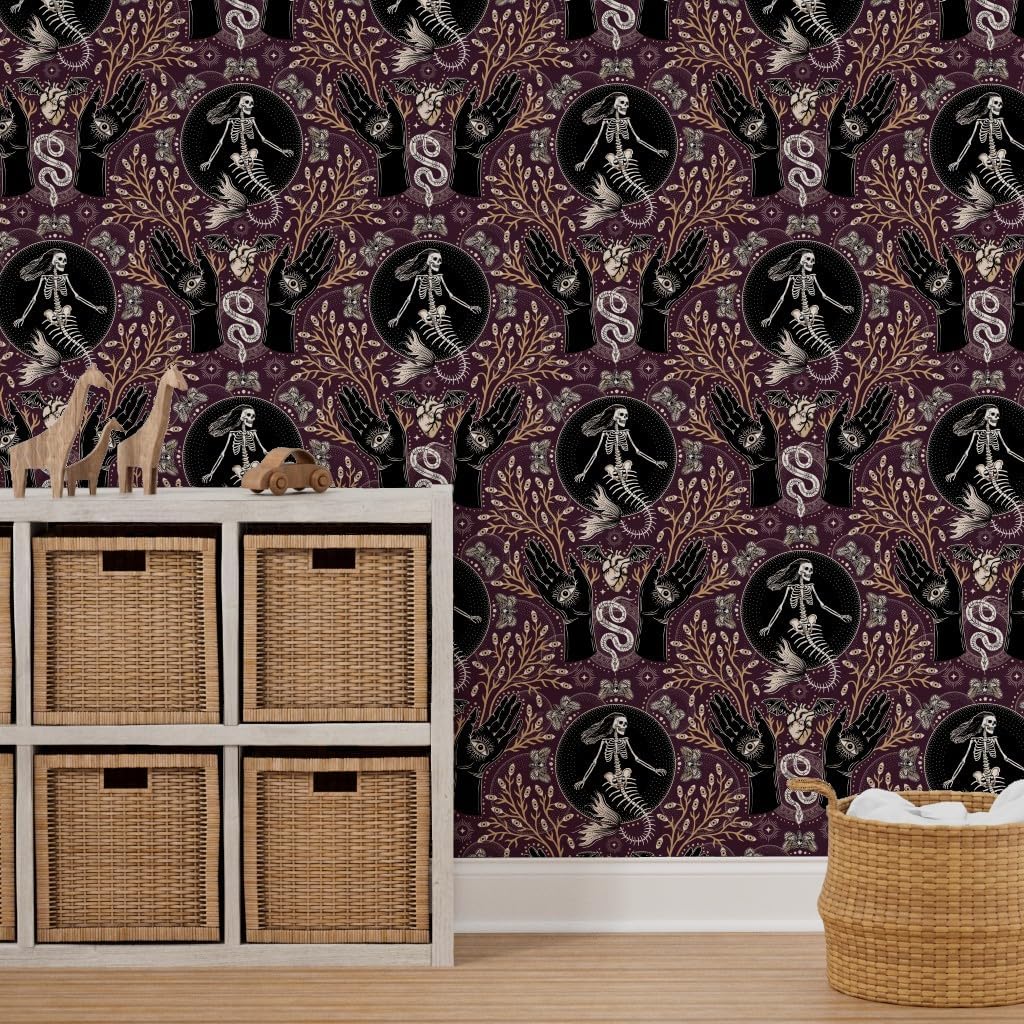 Spoonflower Peel & Stick Wallpaper 3ft x 2ft - Mermaid Skeleton Spooky Hands Eyes Snake Scary Plants Moths Large Plum Purple Gothic Fantasy Custom Removable Wallpaper