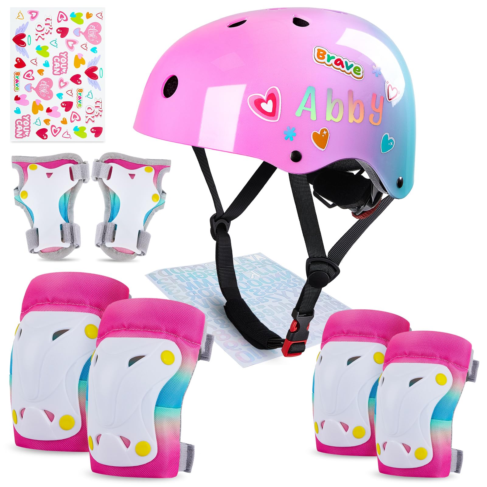 Kids Helmet, Toddler Bike Helmet with DIY Stickers Unicorn Knee Pads and Elbow Pads Set Adjustable Protective Gear Set for Girls Age 3-5-8 Years fit Roller Skates, Bicycle, Skateboarding, Scooter