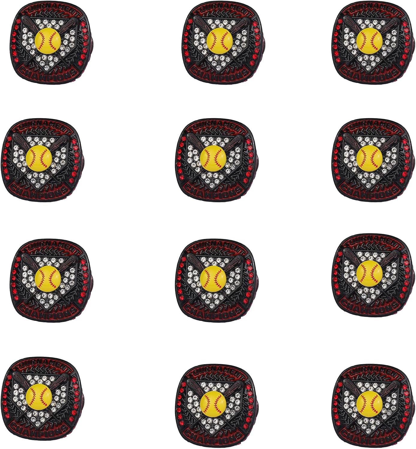 12 PCS PACK SOFTBALL TOURNAMENT AWARD gold silver black CHAMPIONSHIP RING WITH YELLOW SOFTBALL ON TOP SIZE 9