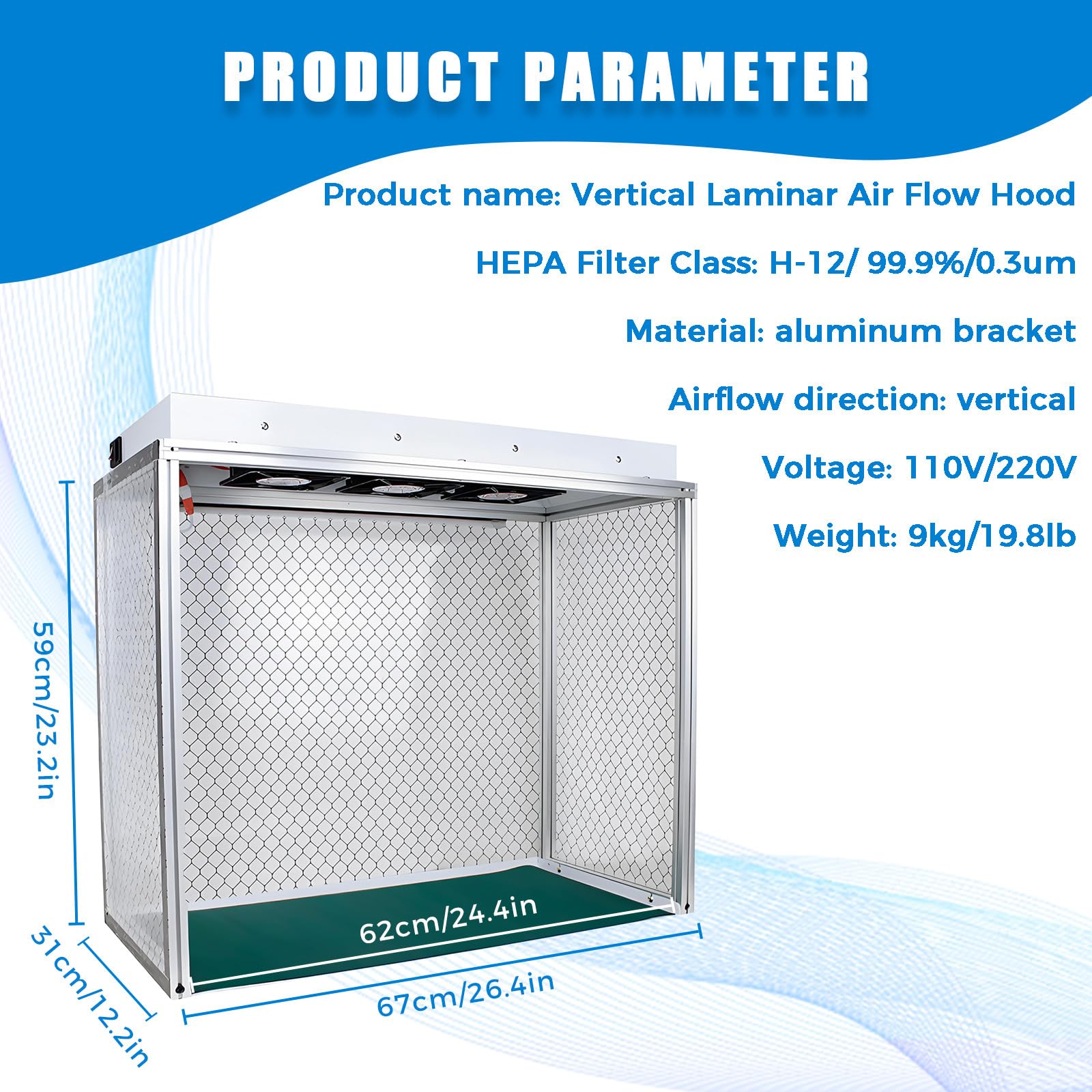 Cabina de flujo laminar vertical de aluminio, filtración vertical HEPA, área de trabajo de 66x30x58 cm, refrigeración con triple ventilador para un entorno de trabajo limpio y libre de polvo