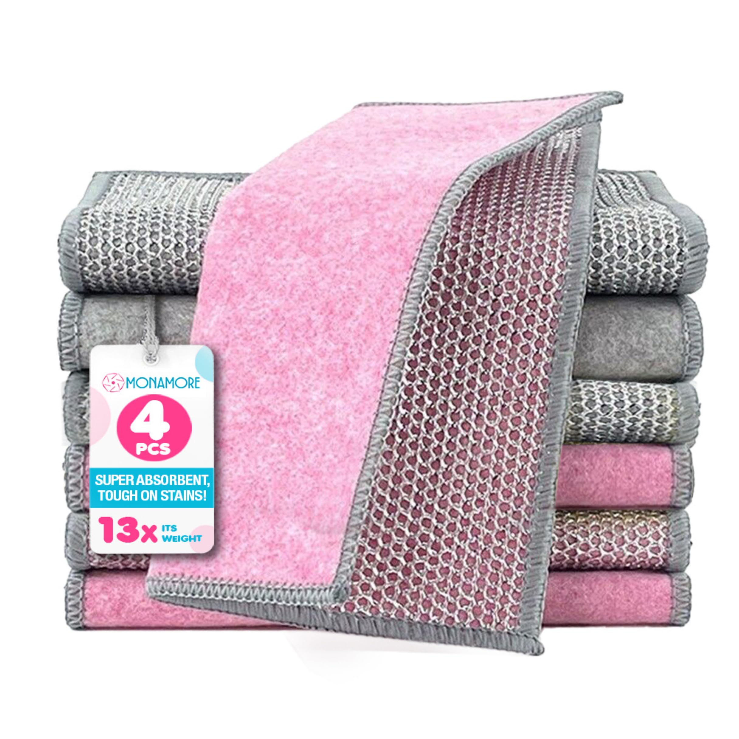 MONAMORE 4-Pack (2-blue, 2-Pink) Dish Scrubber Towels | Micro Mesh Open Cell | Kitchen Cleaning Cloth | Rich Lather | Effective on Residue | Glassware & Pans Safe | Polyester & Microfiber - 18x23CM